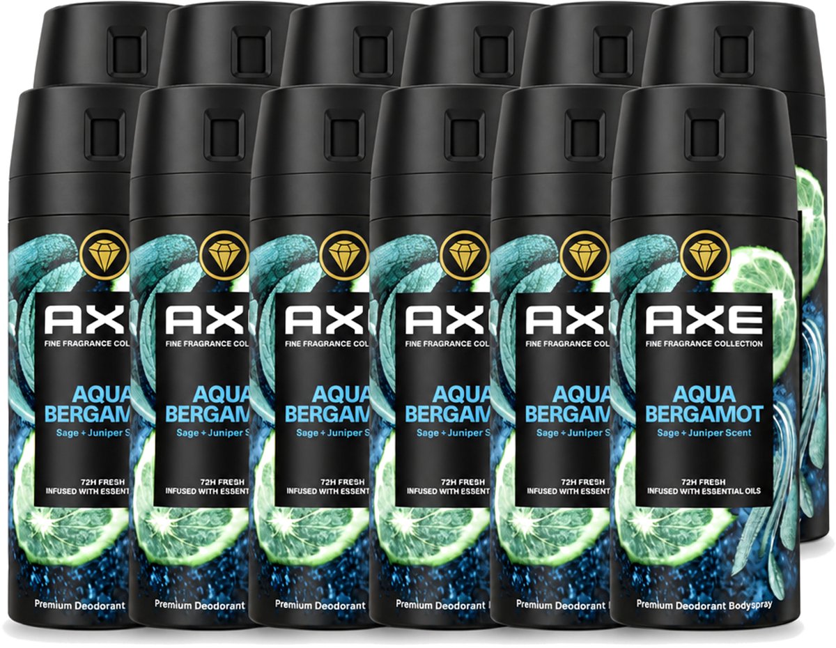 12 x Axe - Deodorant Bodyspray - 72hrs Fresh - Aqua Bergamot - Sage & Juniper - 150 ml - Voordeelverpakking - 12 stuks