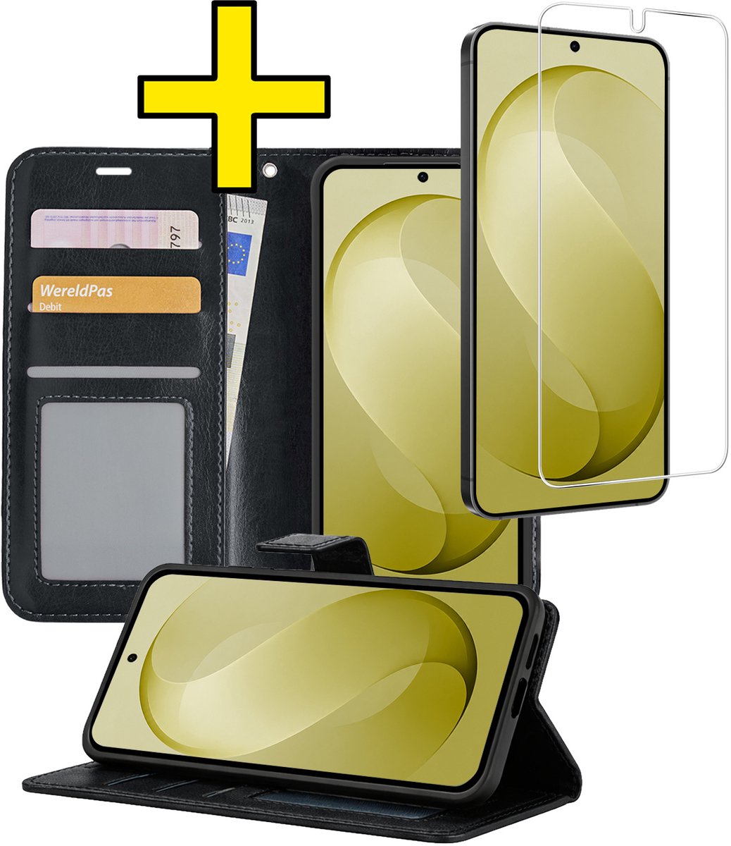 Hoesje - Met Screenprotector - Geschikt voor Samsung Galaxy S26 FE - Luxe Pasjeshouder - Bookcase Portemonee - Flip Case - Kunstleer Book Case - Flipcase - Book Cover - Walletcase - Portemonneehoes - Telefoonhoesjes - Zwart