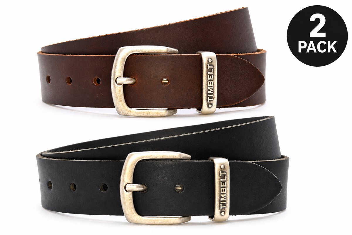 2 pack deal - Timbelt Leren riem met metalen passant - Leer - Zwart & Bruin - Lengte totaal 120 cm / Riemmaat 105 - Nikkelvrije gesp