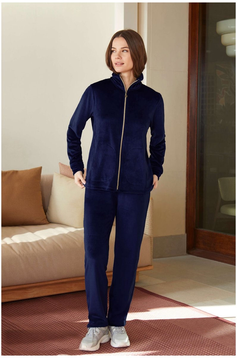 Barandi Bibiana Dames Homewear Set – Vest met Rits en Lange Broek – Velourslook – Donkerblauw - S