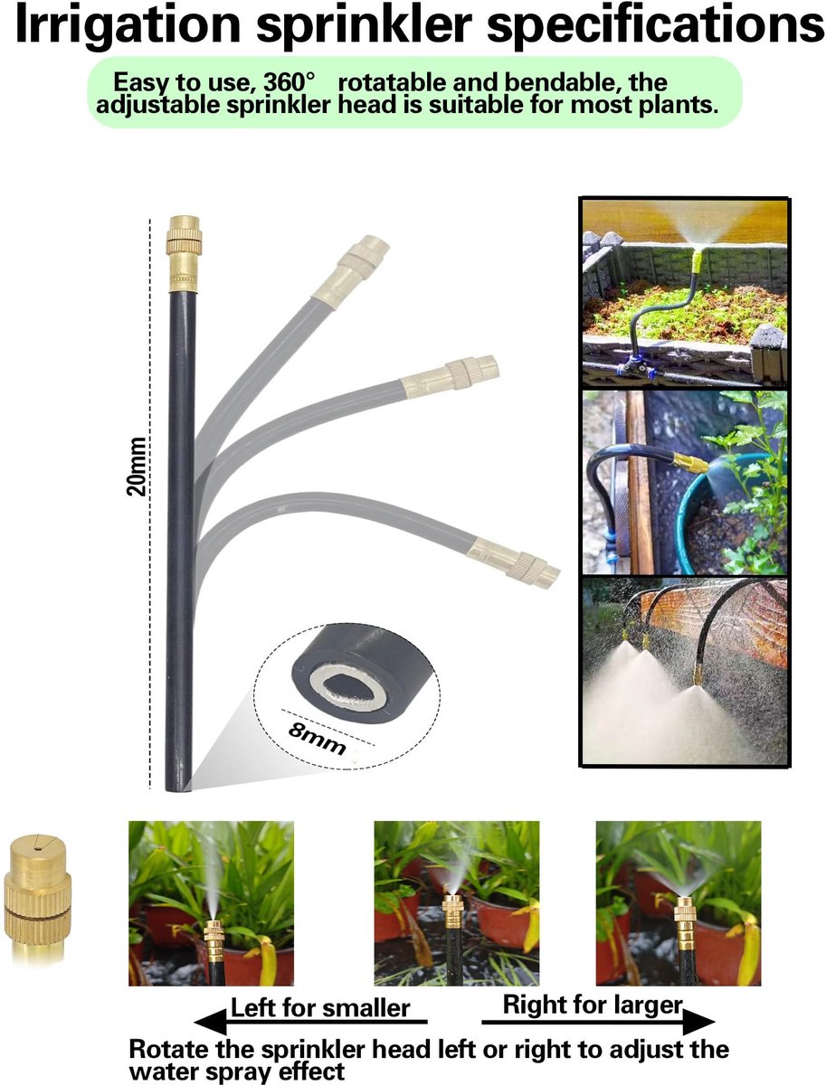 SnelShoppen - 20-delige druppelirrigatieset met 10 verstelbare 360° vernevelingssproeiers en 10 push-to-connect 12-8 mm T-fittingen - Gereedschapsvrij