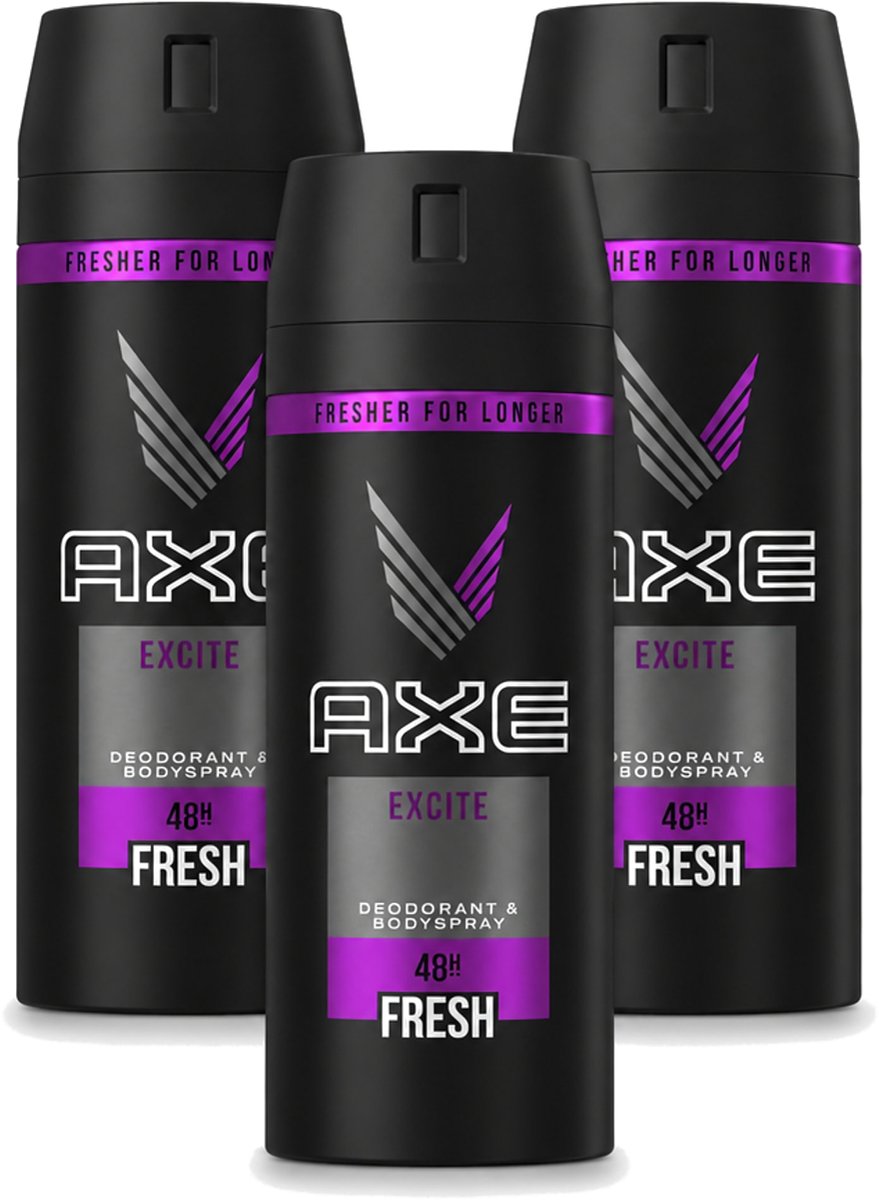 3 x Axe - Deodorant Bodyspray - 48hrs Fresh - Excite - 150 ml - Voordeelverpakking - 3 stuks