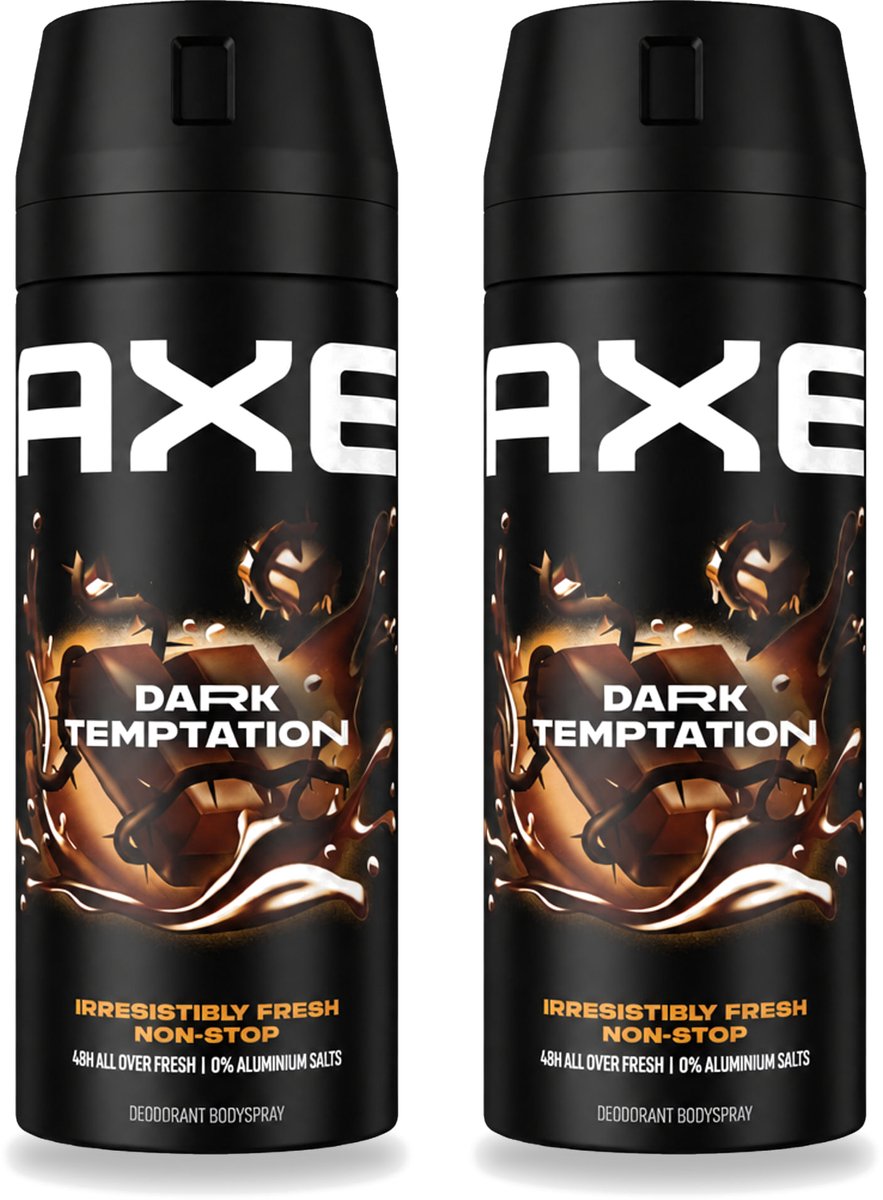 2 x Axe - Deodorant Bodyspray - 48hrs Non Stop Fresh - Dark Temptation - Dark Chocolate - 150 ml - Voordeelverpakking - 2 stuks