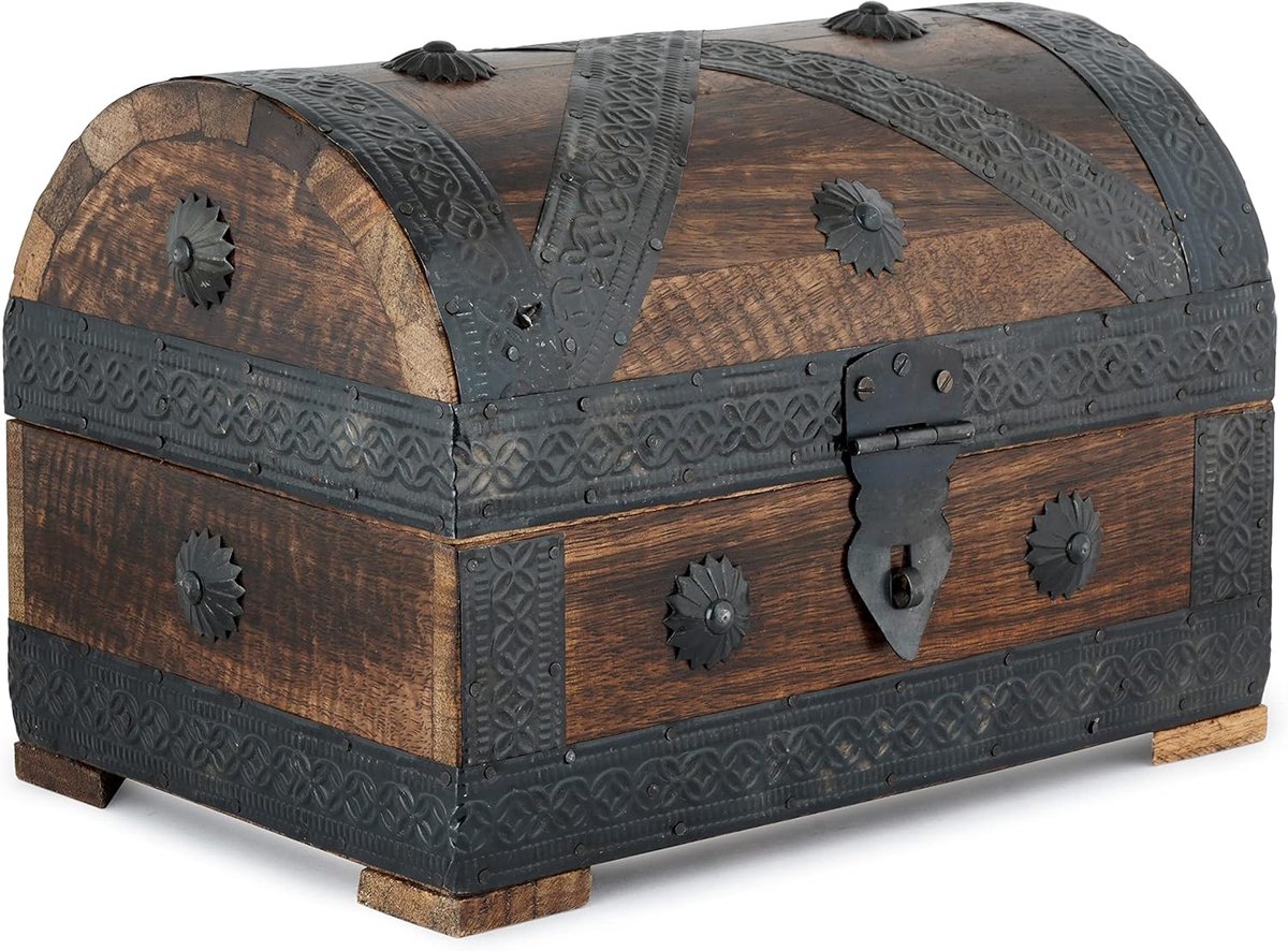SnelShoppen - Houten Piraten Schatkist Sieradendoos 23x15 cm - Handgemaakt Vintage Herinneringen Box met Schelpenstroken - Organizer voor Kettingen, O