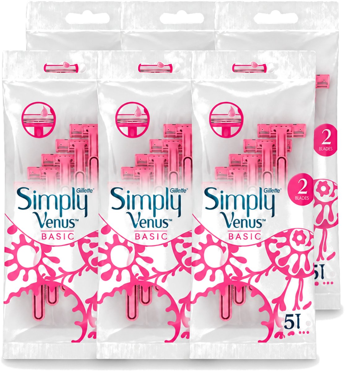 6 x Gillette Simply Venus – Wegwerpscheermesjes – Basic – 5 mesjes - Voordeelverpakking - 6 stuks