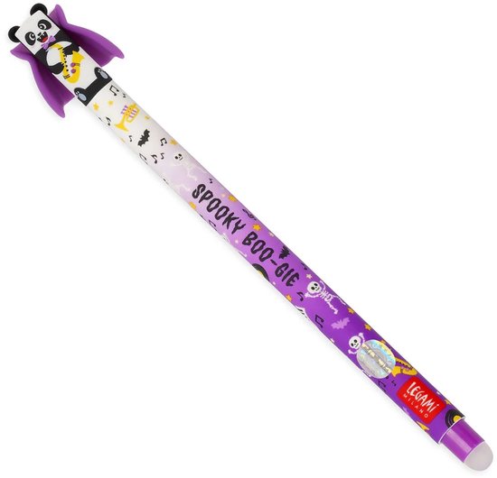 Stylo violet sur le thème d'Halloween avec un haut panda-vampire et des motifs fantomatiques. Texte : SPOOKY BOO-GIE