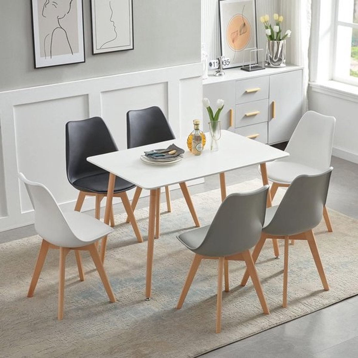 Eetkamergroep met 6 stoelen en witte eettafel - voor woonkamer, keuken en kantoor