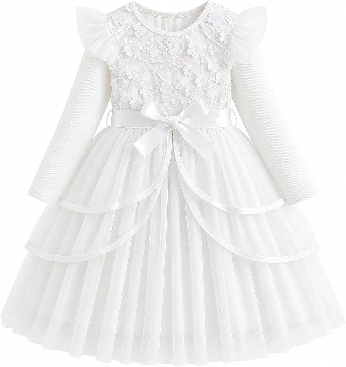 Meisjesjurk: T-shirt met lange mouwen, zachte tutu-tulejurk, verjaardagsfeest, bruiloft, prinsessenjurk, cadeaus, kinderkleding, 3-10 jaar