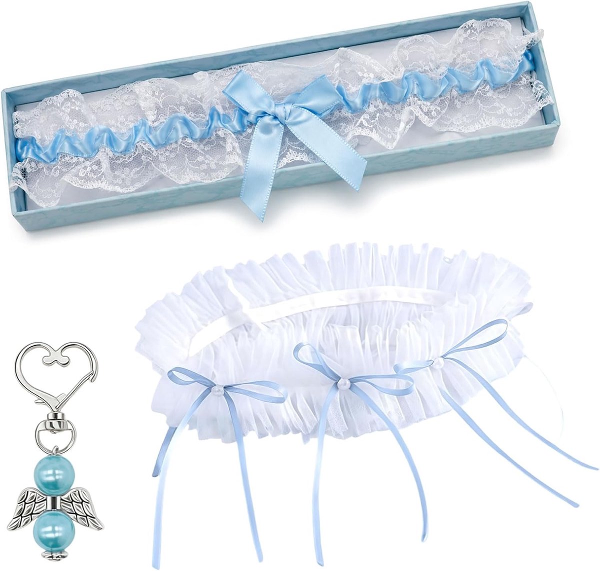 Tule-ruche jarretelband met blauwe parelstrikken, accessoire voor de bruid, outfit voor het vrijgezellenfeest, decoratie voor het verlovingscadeau, bruiloft