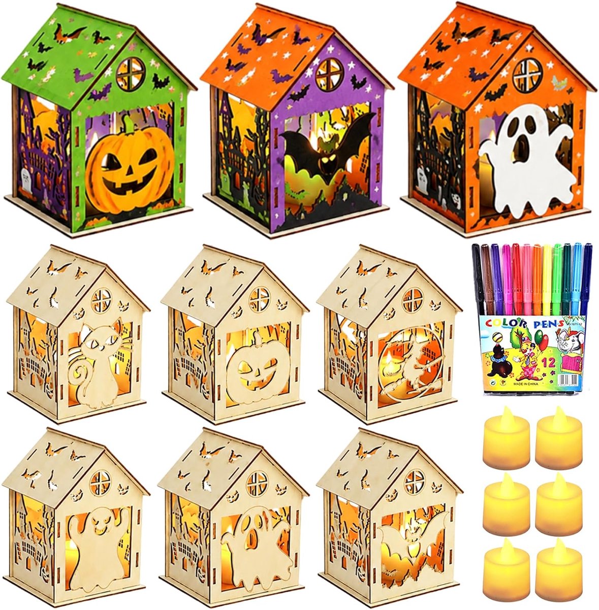 6 stuks Halloween huis knutselset, Halloween huis knutselen van hout met ledkaarsen, lantaarn knutselset om te beschilderen met 12 aquarelstiften, pompoenhuis, spookhuis, heksenhuis