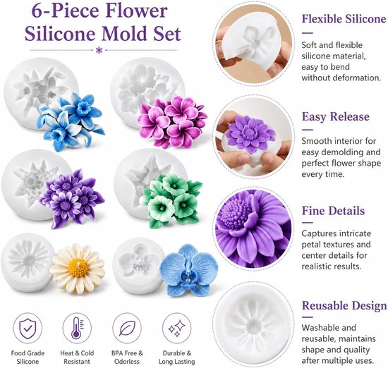 6 stuks kaarsvormen van siliconen voor bloemen, kaarsvormen van 3D-siliconen, kaarsvormen van siliconen voor het maken van kaarsen om te knutselen — afbeelding 3