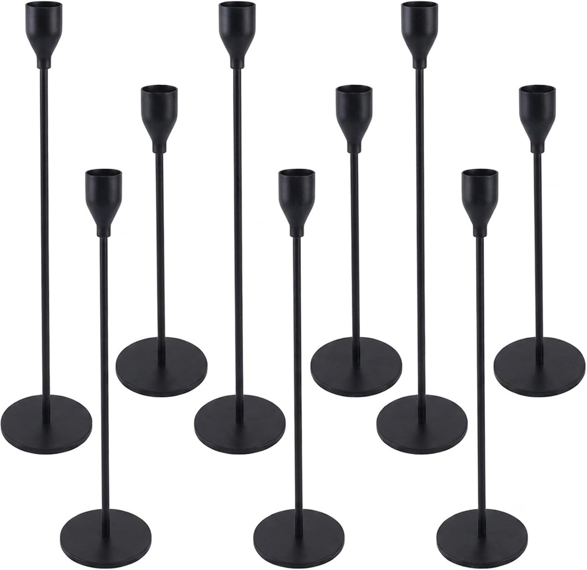 Set van 9 kandelaars, zwart metaal, vintage kaarsenstandaard voor kandelaars, decoraties voor Valentijnsdag, Kerstmis, bruiloft, eetkamer, premium staafkaars, hoge kaarsenstandaard, 33/28/24 cm