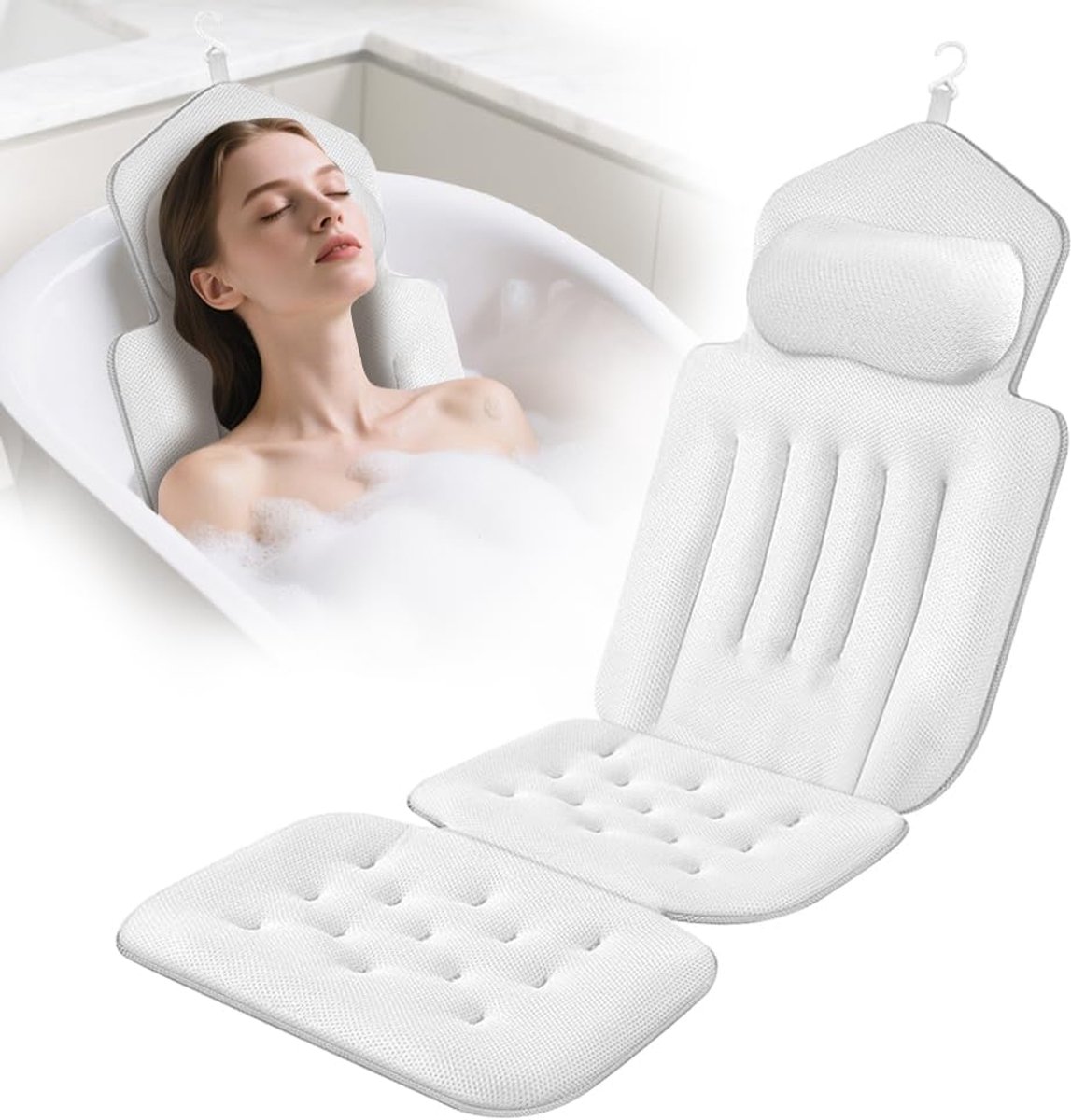 Badkussen voor het hele lichaam, badbank, 134 x 41 cm, badmat met hoofdsteun, neksteun en lendensteun, sneldrogend, huidvriendelijk, met dubbele ophanghaak voor badkuip, whirlpool, wellness