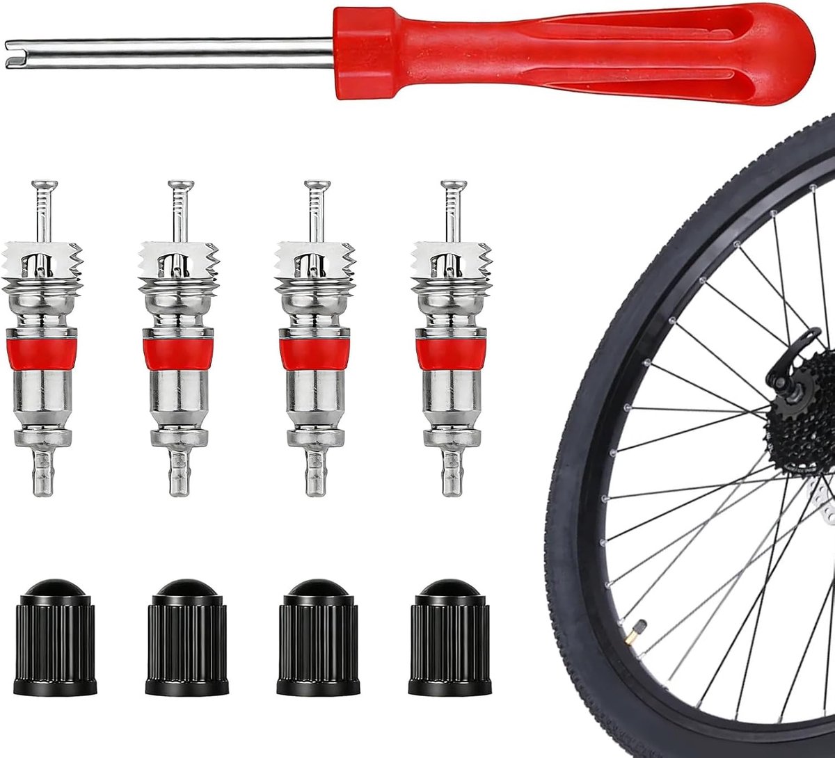 Reparatieset voor autobanden, autoventielsleutel, 9-delige bandenventielreparatieset, 1 x ventielsleutel, 4 x ventielinzetstukken, 4 x ventieldoppen, voor auto, motorfiets en e-bike