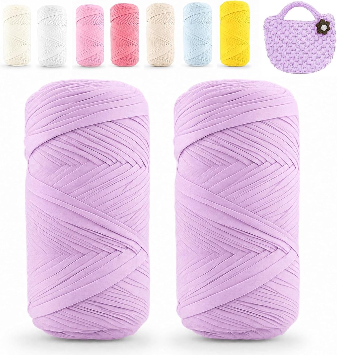 2 stuks T-shirt-garen, textielgaren om te haken, per rol, 200 g, textielgaren, lintgaren voor doe-het-zelf handwerk, woondecoratie, tassen, manden, deken (lila)