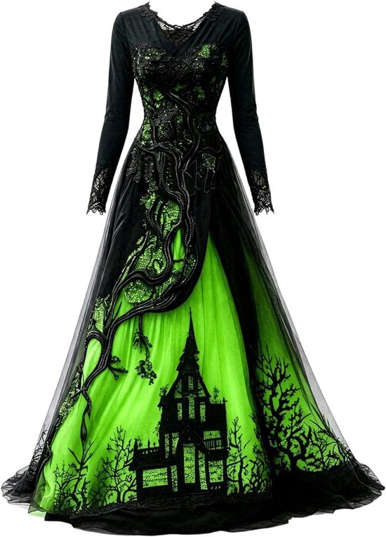Zwarte en groene heksenjurk met lange mouwen, kant en een print van een spookhuis en bomen.
