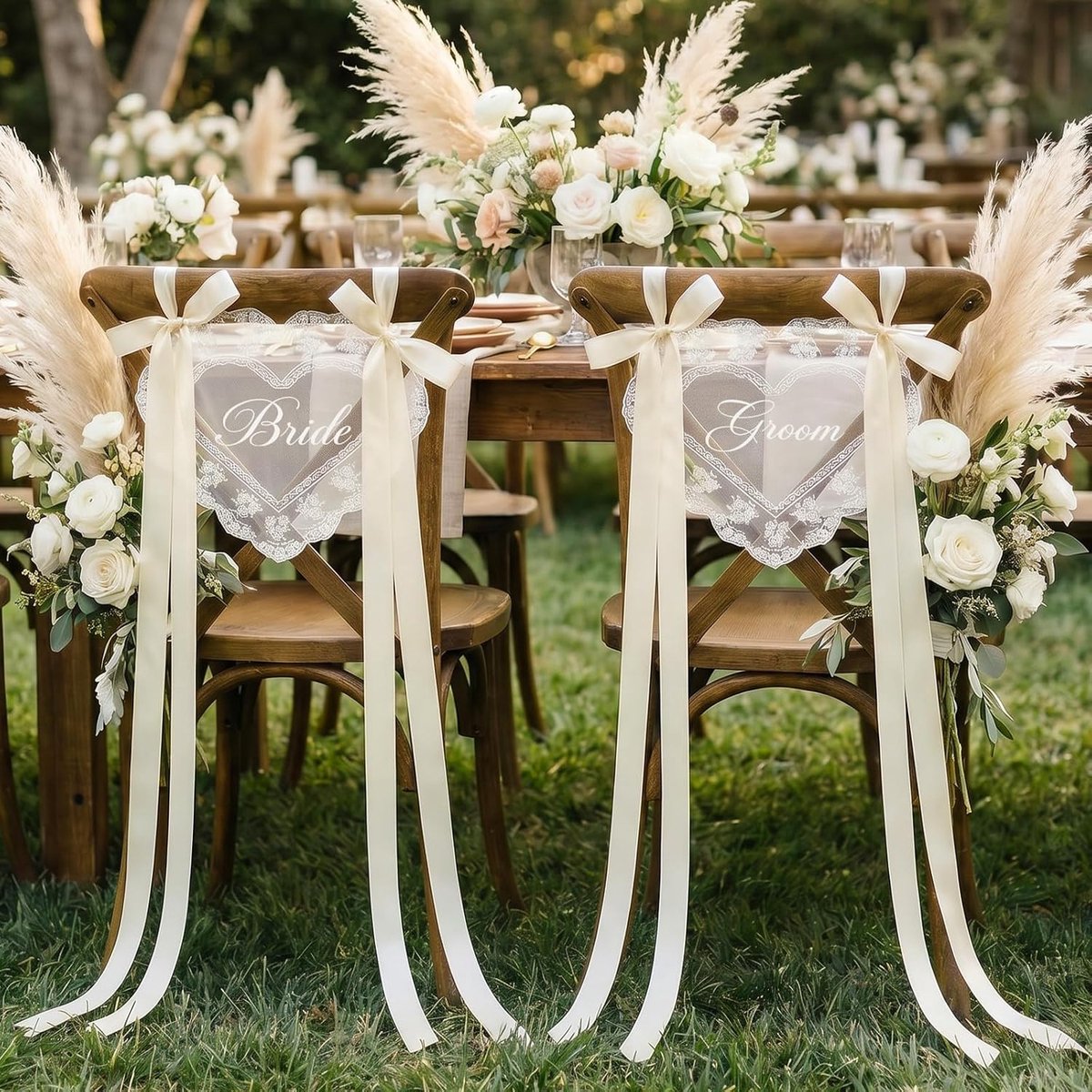 Bruiloft set, set van 2 Mr Mrs stoel overhemd kant beige met elegante satijnen linten, bruidspaar stoelhoezen vintage & boho voor kerkelijke bruiloft, tuinbruiloft en vrije