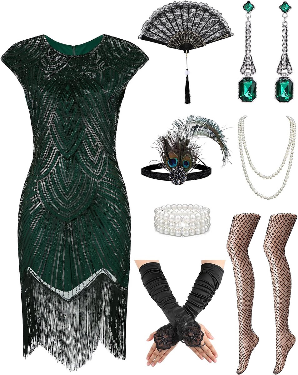 Charleston-jurk voor dames, jaren 20, met accessoires Flapper