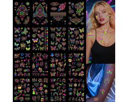 Tijdelijke tatoeages, neon oplichtende nep-tatoeages, blacklight tattoo voor volwassenen, muzieknoten, gitaar, vlinder, mandala, voor rave, party, concert, strand