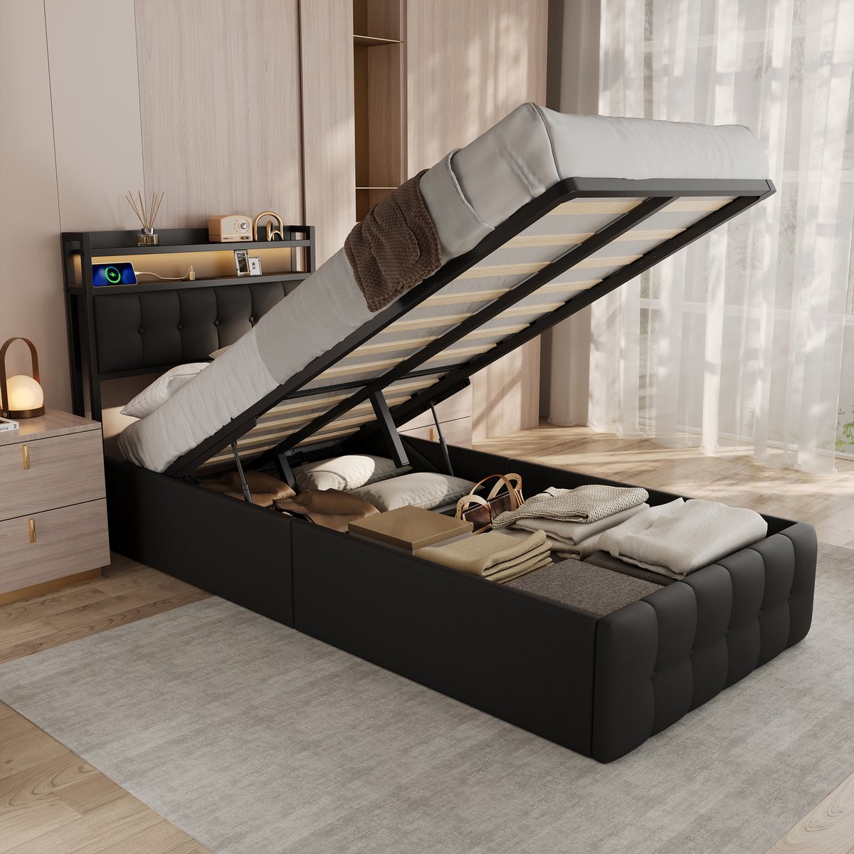 ROSAHQNDA Gestoffeerd bed 90x200 met USB-aansluitingen en LED-verlichting, Eenpersoonsbed 90x200 met opbergruimte, hoofdeinde & hydraulische opbergruimte, bedframe met lattenbodem, jeugdbed, PU Leer, zonder matras, Zwart
