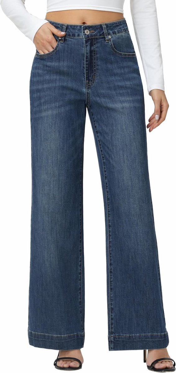 Jeans met wijde pijpen, baggy stretch, hoge taille, jeansbroek met zakken