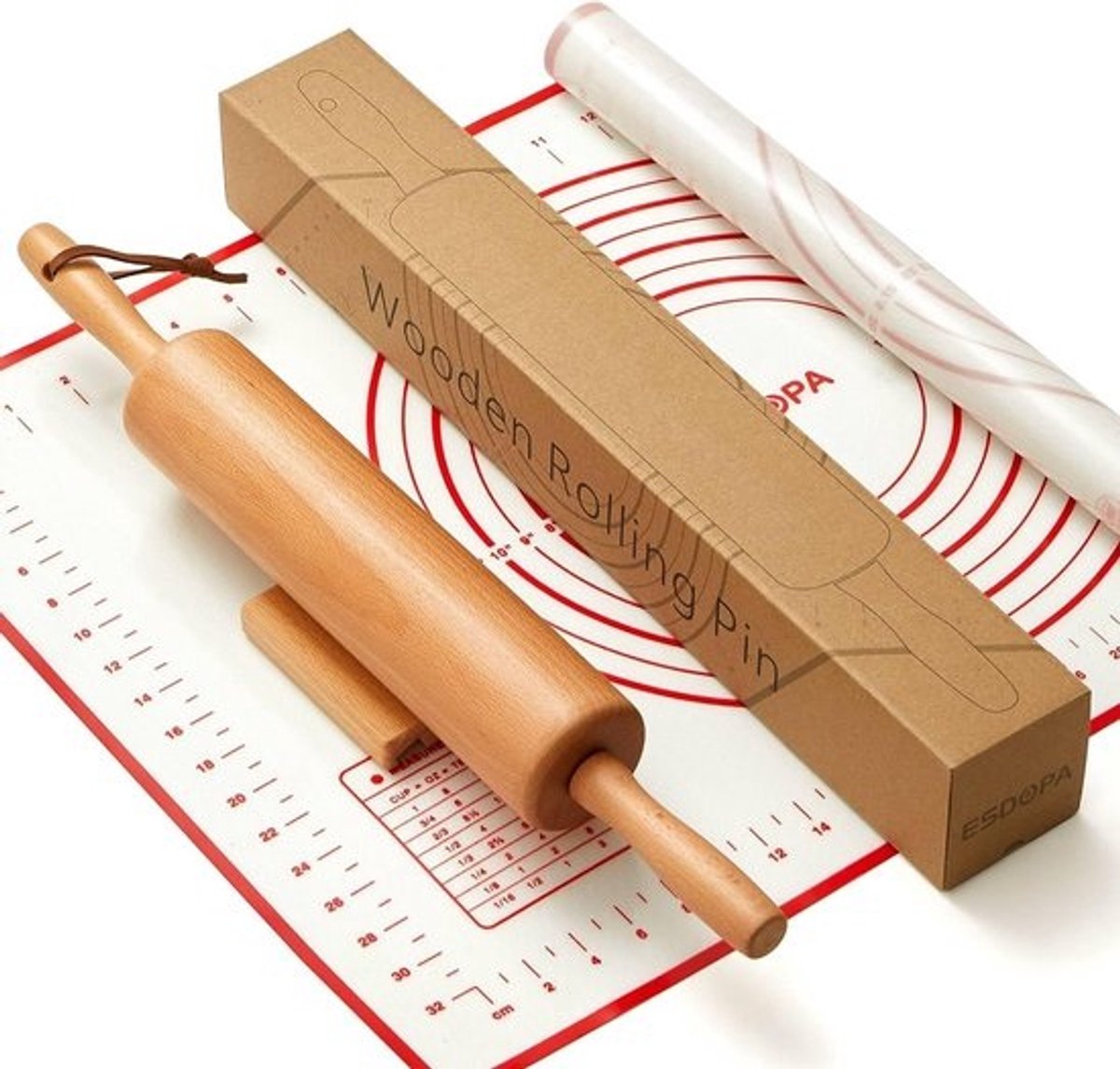 Houten deegrollerset - Siliconen bakmat - Stevige basis - Voor pizza, taart, pasta en brood