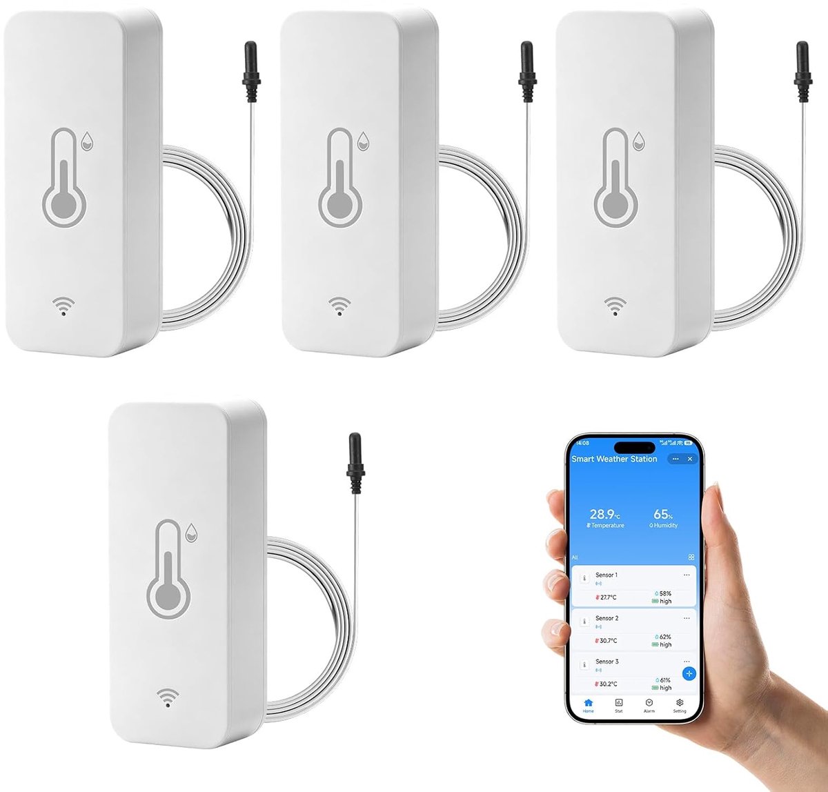 4 stuks wifi-thermometer, hygrometer met sensor, slimme koelkastthermometer met Tuya/Smart Life app, wifi-thermometer - ShopVlot