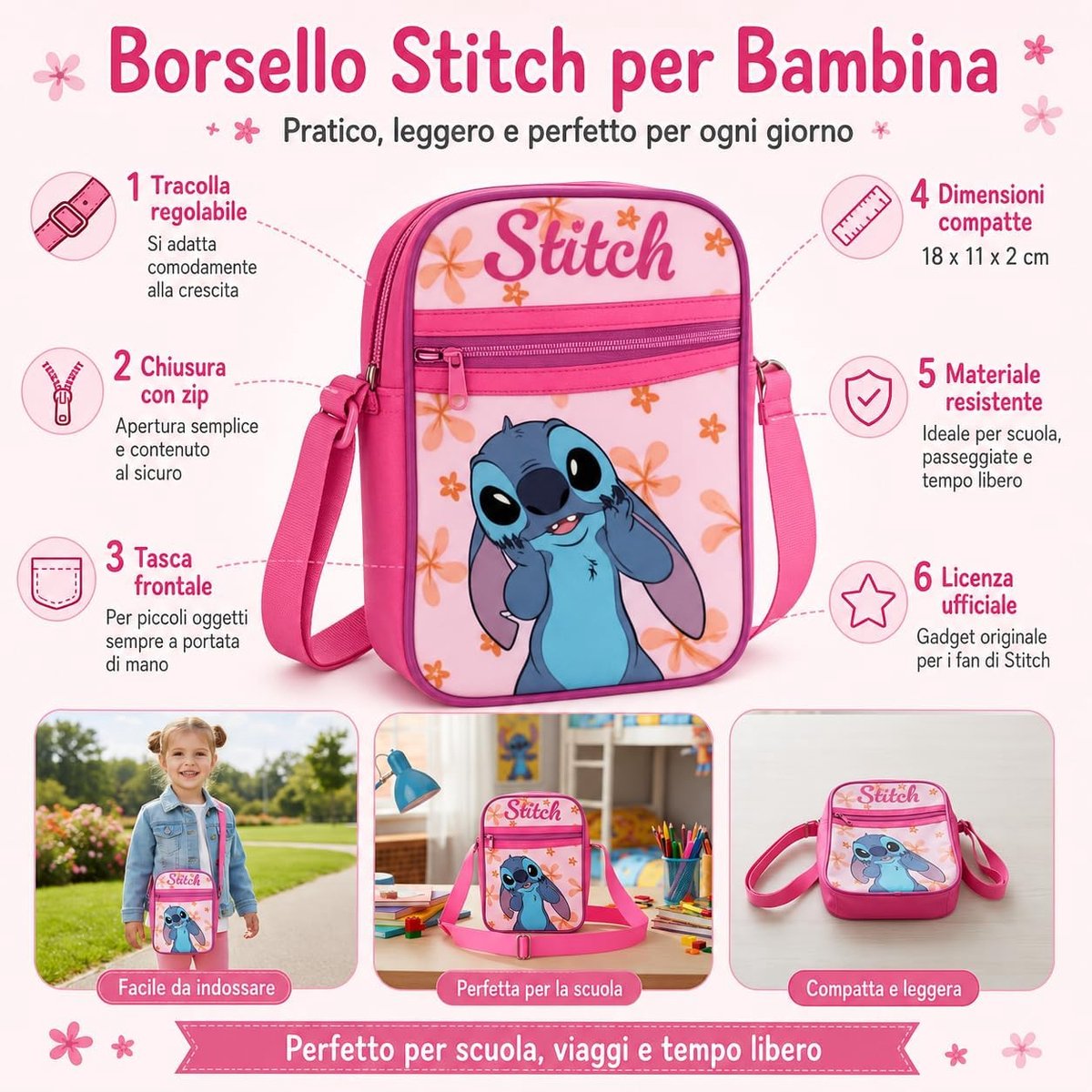 Tas voor kinderen, schouderriem, verstelbaar, voor reizen, sport, vrije tijd, gadget voor Stitch meisjes - ShopVlot