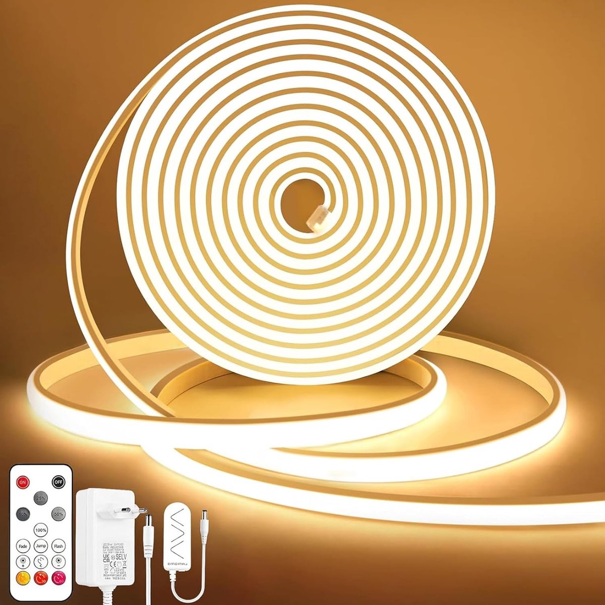 SnelShoppen - Dimbare 2m Warm White COB LED Strip met Afstandsbediening - Waterdichte 3000K Neon LED Strip voor Slaapkamer, Keuken, Buiten, DIY Decora
