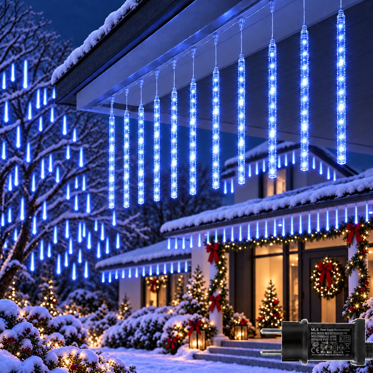 Lapamax Meteorenregen Kerstverlichting - LED Lichtgordijn met 8 Vallende Lichtbuizen - 288 LEDs, Buizen van 50 cm, Verlichte Lengte 4 m - Koppelbaar IP44 voor Binnen en Buiten - Blauw