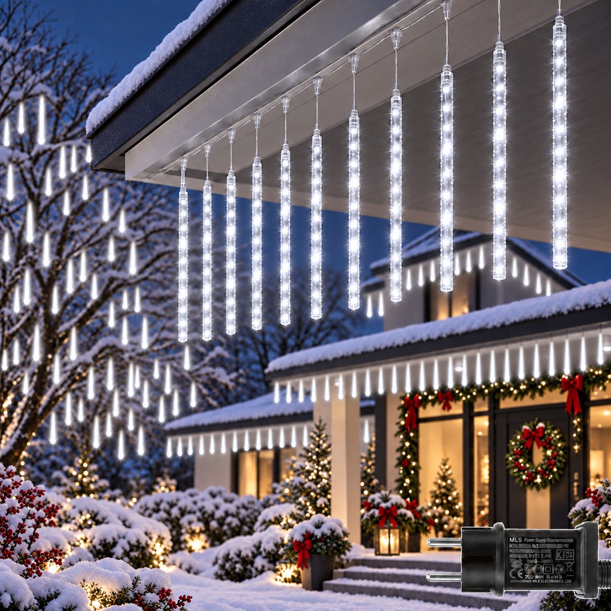 Lapamax Meteorenregen Kerstverlichting - LED Lichtgordijn met 8 Vallende Lichtbuizen - 192 LEDs, Buizen van 30 cm, Verlichte Lengte 2,4 m - Koppelbaar IP44 voor Binnen en Buiten - Wit