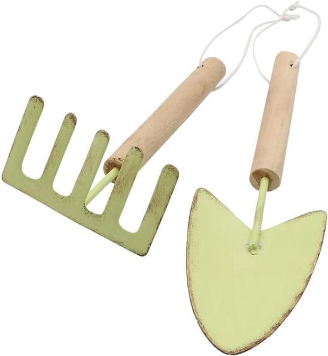 Decoratieset - schep en hark - Set tuinaccessoires - Tuin- en terrasdecoratie - Houten handvat - metaal - 5x18 5cm - 6x13cm - Groen