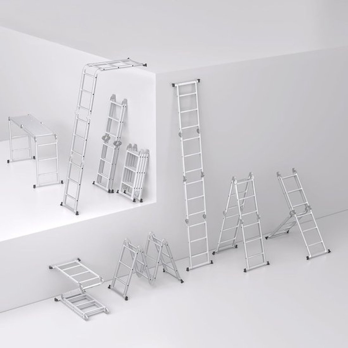 6-in-1 aluminium multifunctionele ladder – 340 cm telescopische vouwladder met 2 wielen en platform – maximale belasting van 150 kg