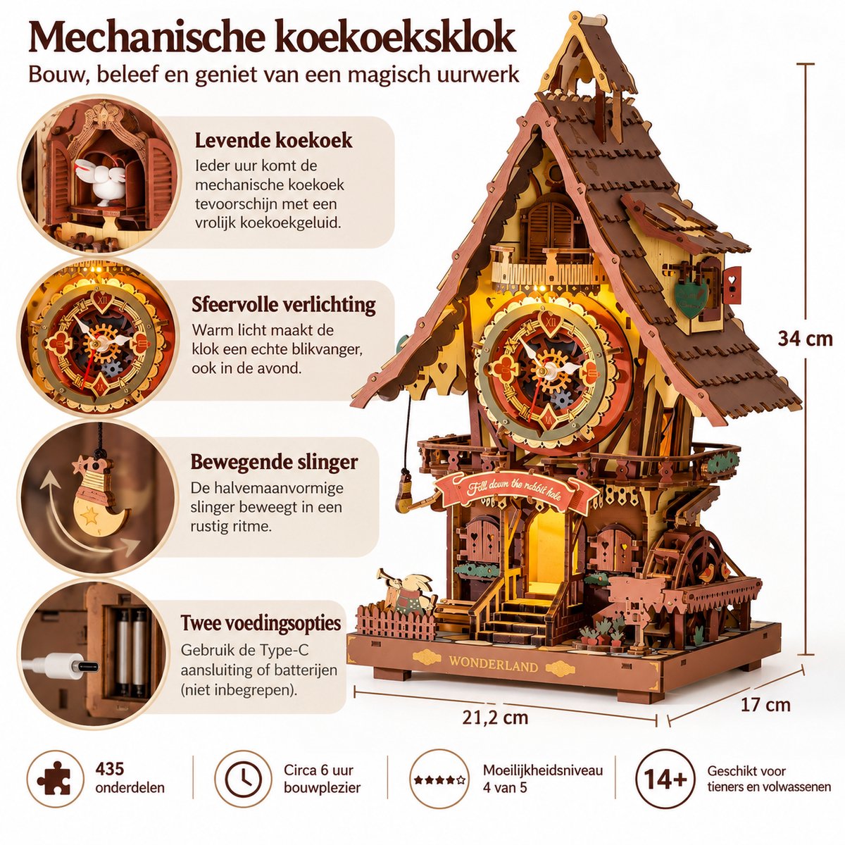 Sello! houten muziekdoor – bouwpakket – bouwproject – koekoeksklok – beweging – licht – geluid – 21,2 × 17 × 34 cm.