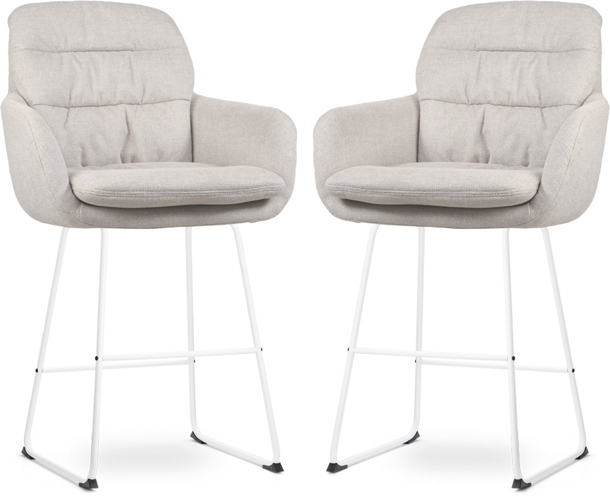 Nolon Nino-Mia Barkrukken Set van 2 Beige - met Armleuning - Wit Onderstel - 65 cm - Kookeiland - Barkruk met Rugleuning Beige - Wit onderstel