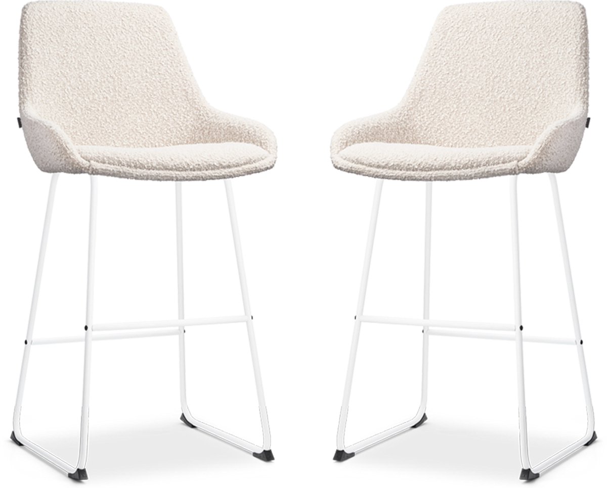 Nolon Nino-Isa Barkrukken Set van 2 Bouclé Beige - Wit Onderstel - 75 cm - Stof - Hoge Kruk - Barkruk met Rugleuning - Design - Comfortabel Bouclé - Beige - Wit onderstel