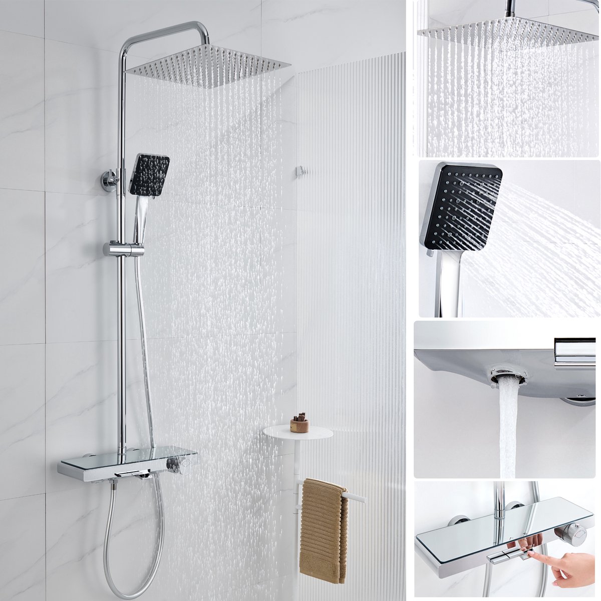 Auralum Max Luxe Regendouche met Thermostaatkraan 12 Inch Douchekop Regendoucheset Met Pianotoetsen En Planchet Compleet Douchesysteem Met 6 standen Handdouche Doucheset En Badkraan Chroom Zilver