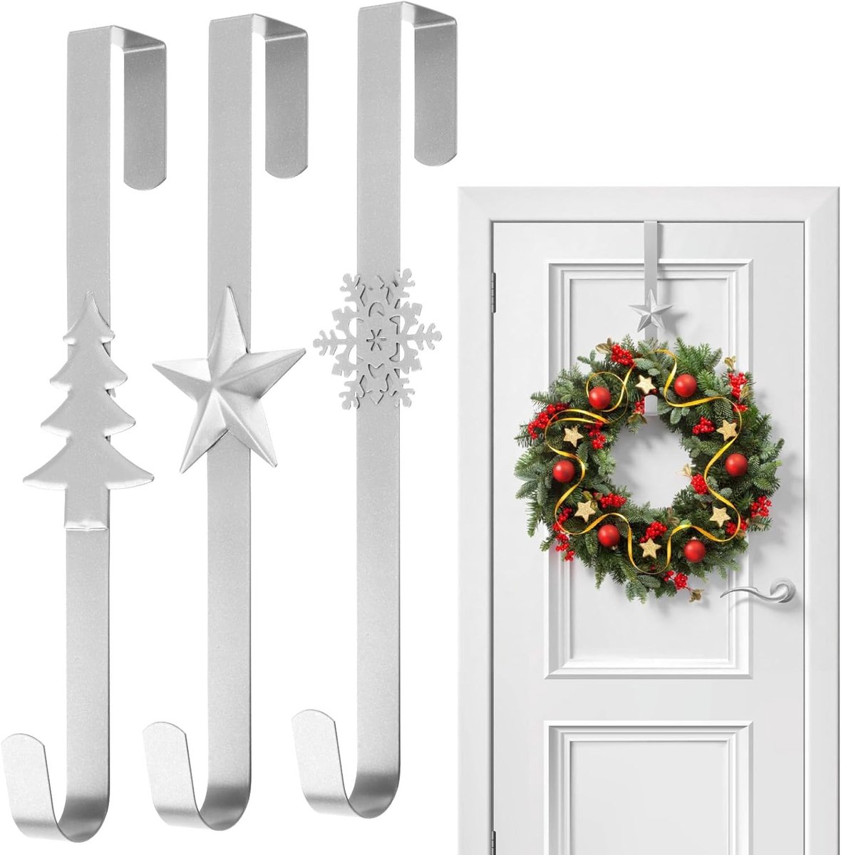 Haken - Haakjes - Kranshanger voor Voordeur - 38 cm - Metalen Over-de-Deur Haak - Met Sneeuwvlok, Ster en Kerstboom - Voor Kerst, Halloween en Pasen - Zilver - 3 stuks