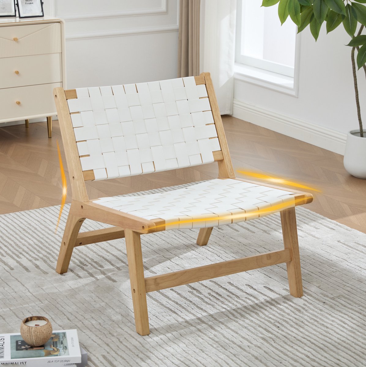 FloraGrace Fauteuil 71 x 66 x 72 Cm - Geweven Ruitmotief Zonder Armleuningen - Voor Binnen En Buiten - Hout En Kunstleer - Wit