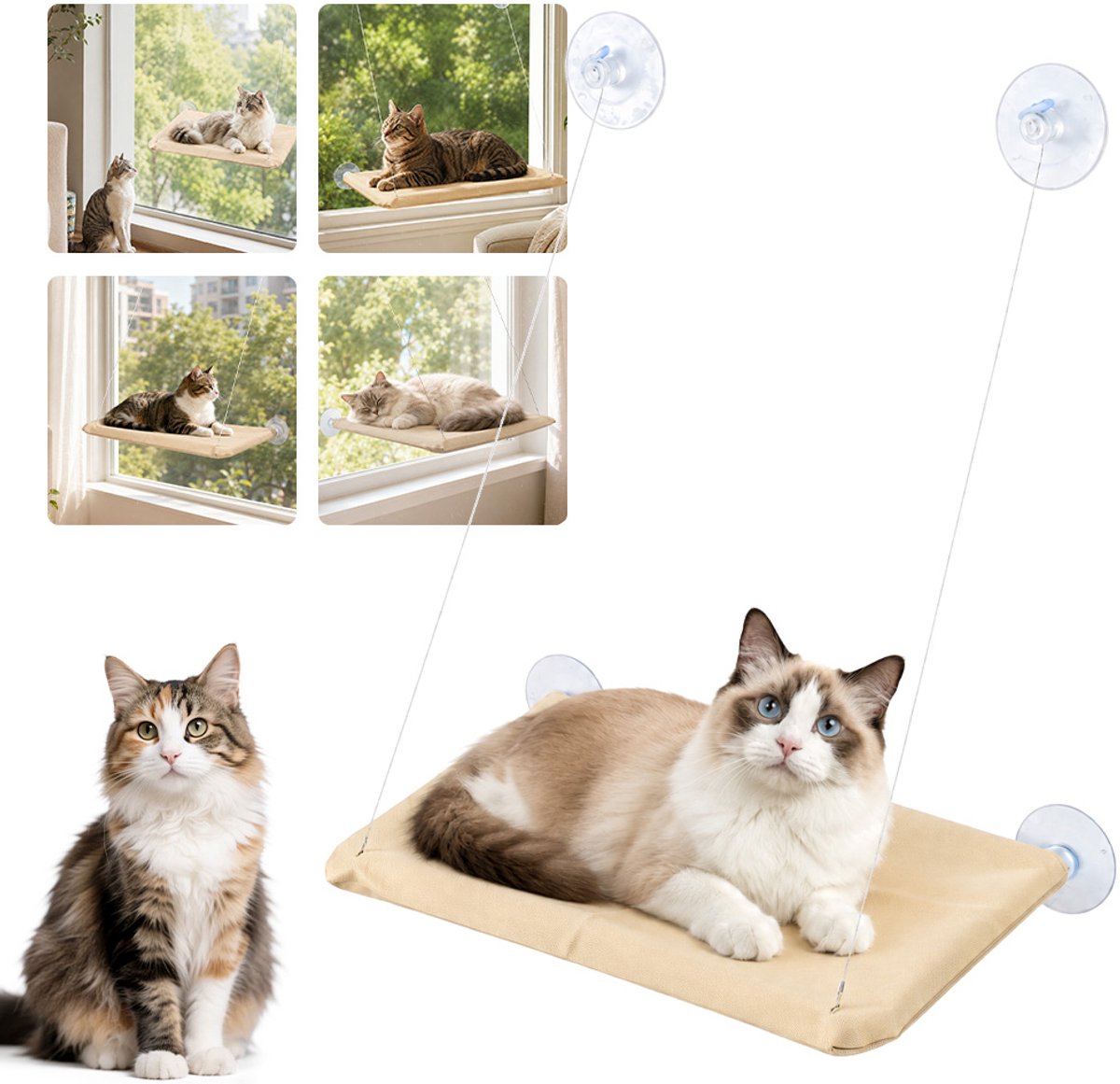 4 Zuignappen En Sterk Draagvermogen – Kattenhangmat Voor Raam – Slijtvast, Ademend En Geschikt Voor Alle Seizoenen – Neemt Geen Vloerruimte In Beslag – Voor Woonkamer, Slaapkamer En Balkon – Khaki