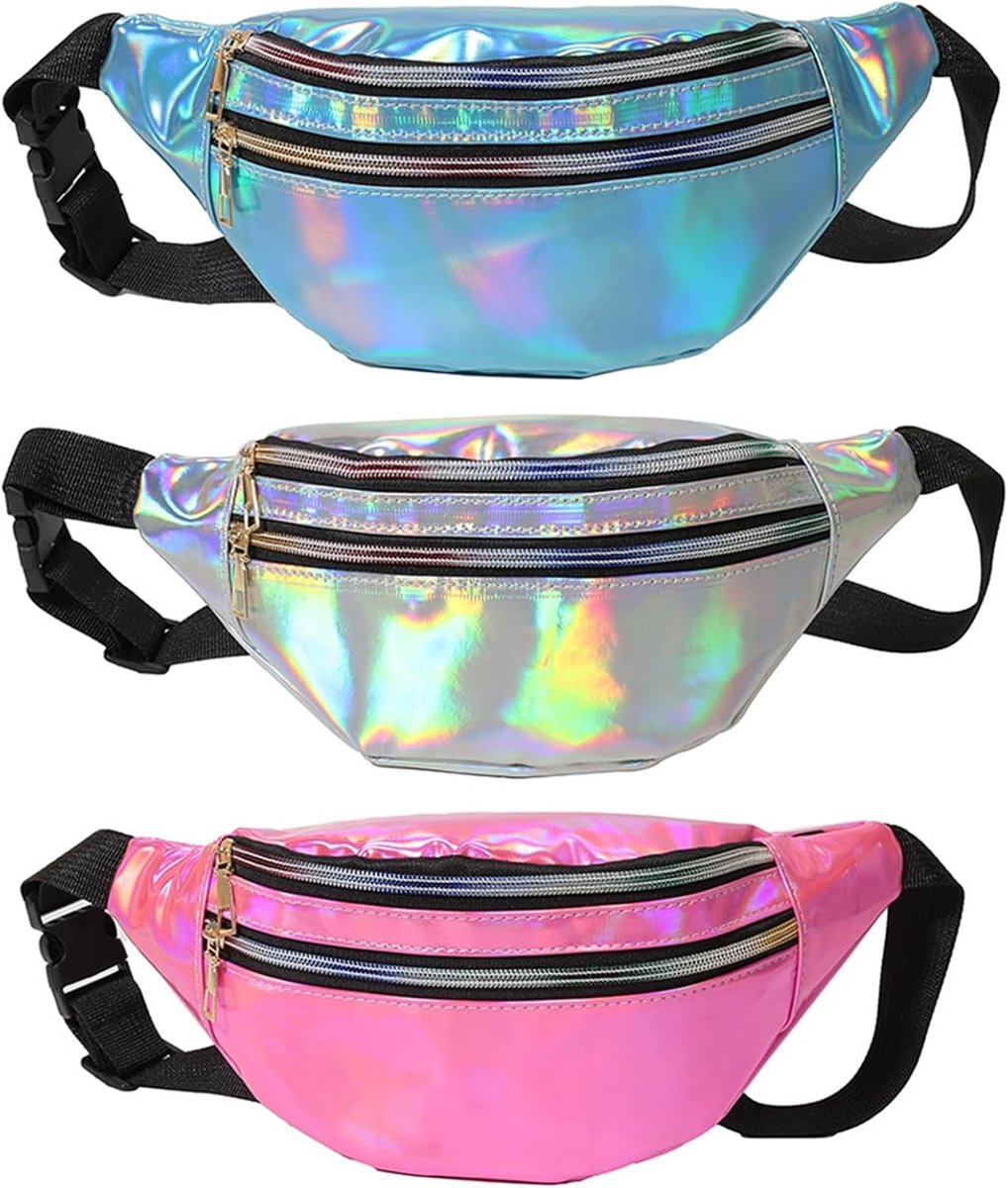 Driedelige Heuptas voor Vrouwen - Verstelbare, Reflecterende Holografische Heuptas van Kleurrijk PU Leer, Schoudertas voor Meisjes - Zilver, Roze, Blauw, Groot en Stijlvol