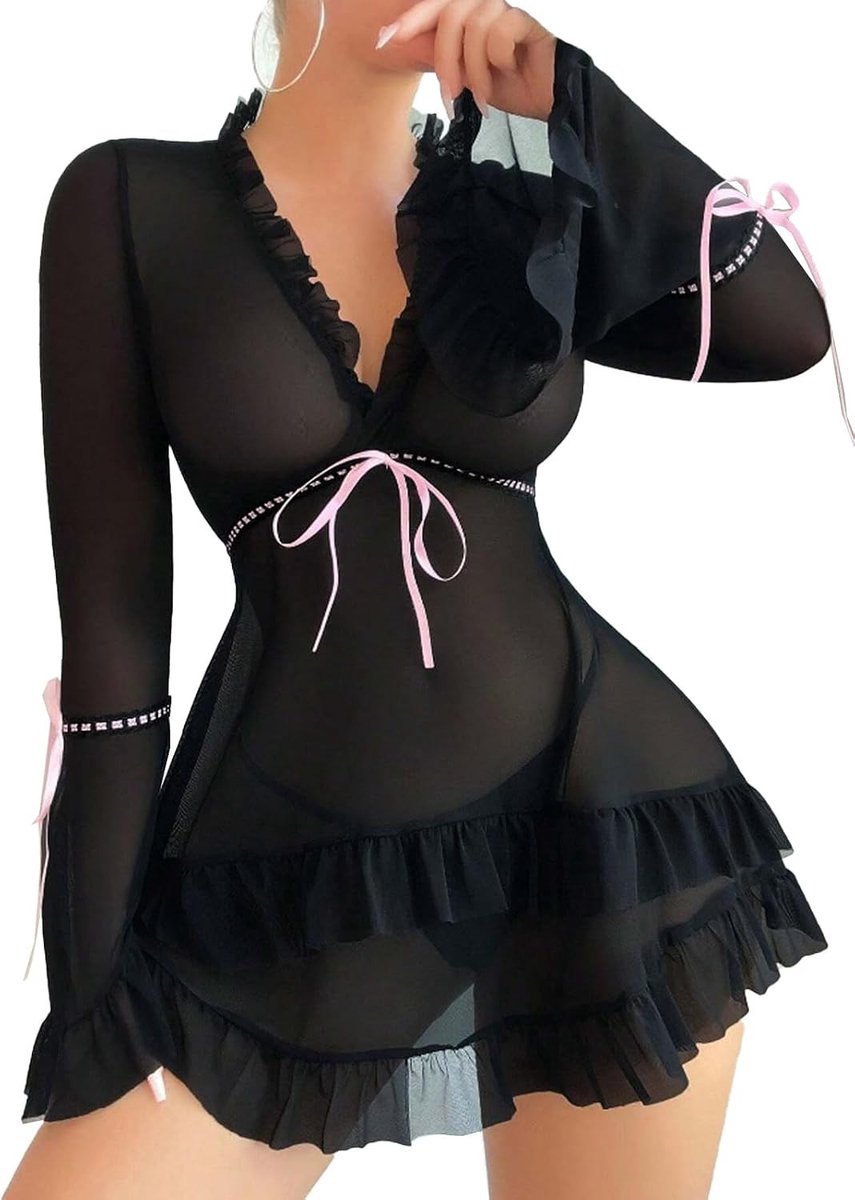 Verleidelijke Rimpel Nachtjapon met G-String in Kant | Transparante Lange Mouwen | Sexy Pyjama Set voor Vrouwen