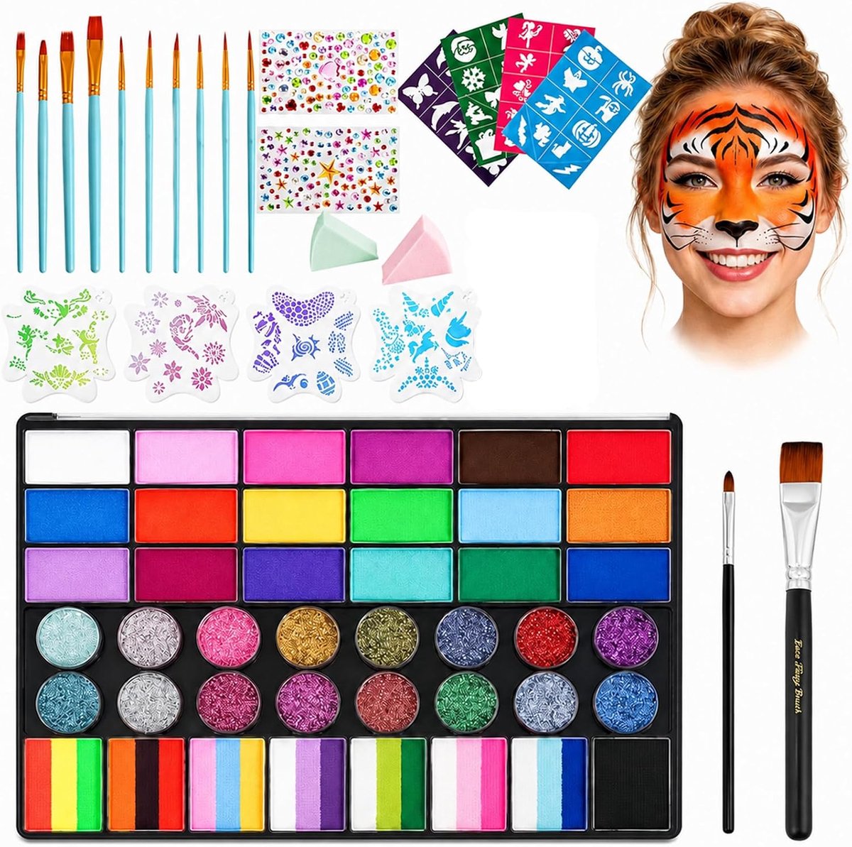 Kinderschmink set 42 kleuren - op olie basis - met penselen en sjablonen - voor Halloween feest - ShopVlot