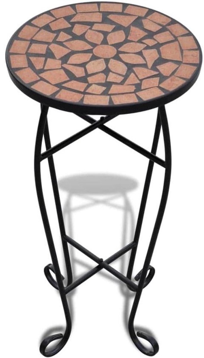 Mozaïekbijzettafel - Plantentafel - Terracotta - Ø 30 cm - Hoogte 60 cm - Ronde tuintafel - voor balkon en terras - Keramiek en ijzer - In sierhekwerkstijl