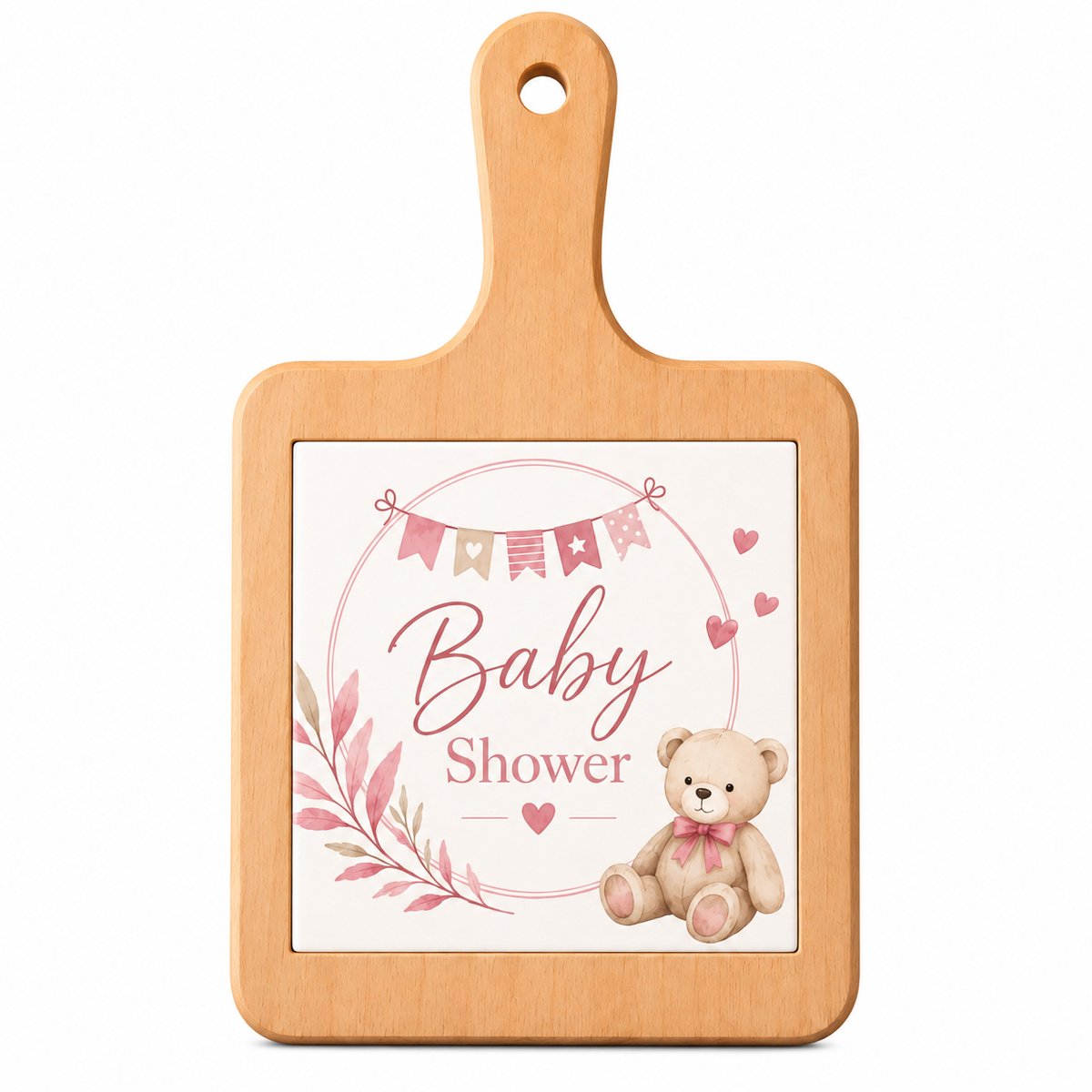 Houten Kaasplank met Tegel 15 x 15 cm – Baby Shower met Teddybeer Roze