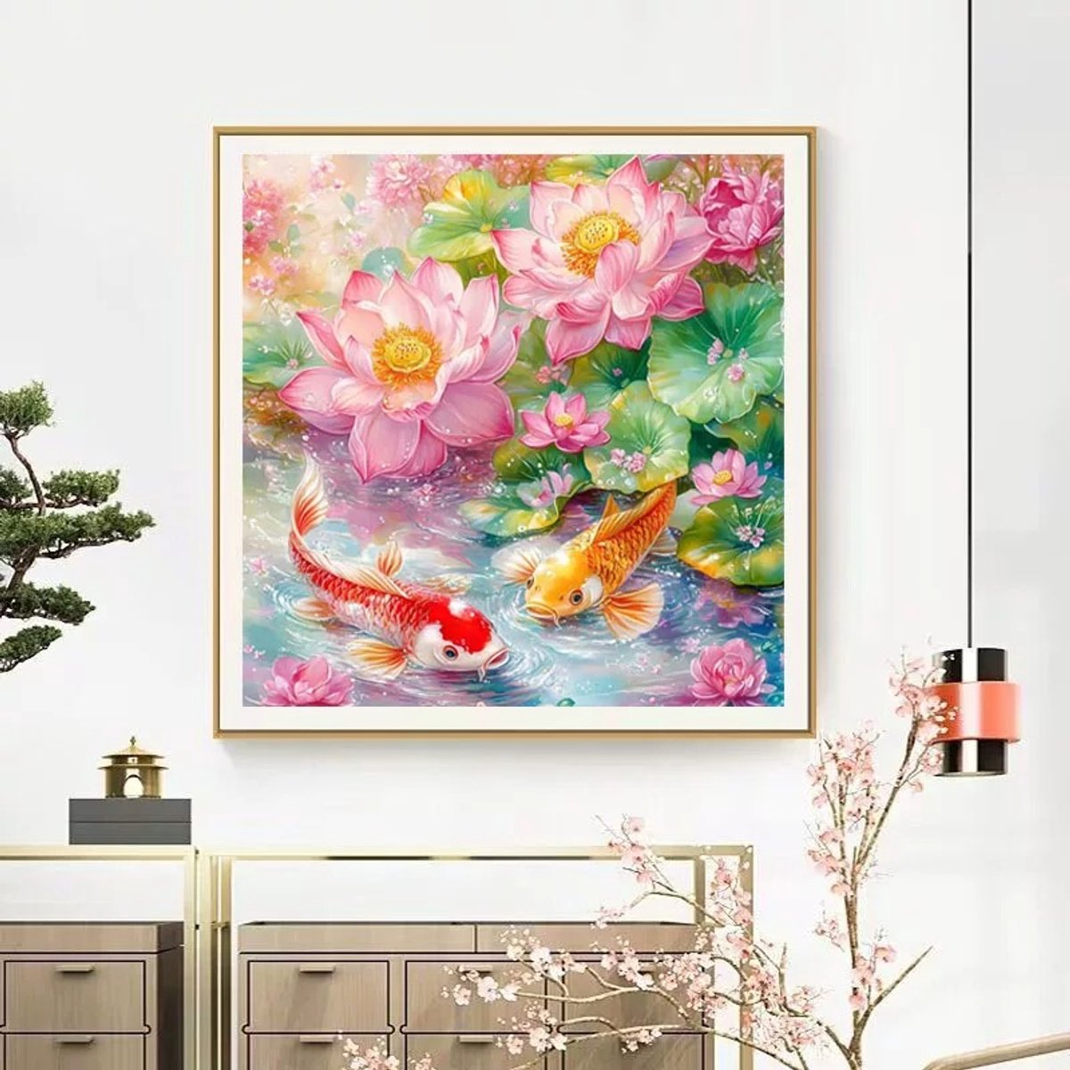 DIY kruissteekborduurpakket/Lotus en goudvis/gedrukt kruissteekpatroon borduurpakket (frame niet inbegrepen) 60*60CM