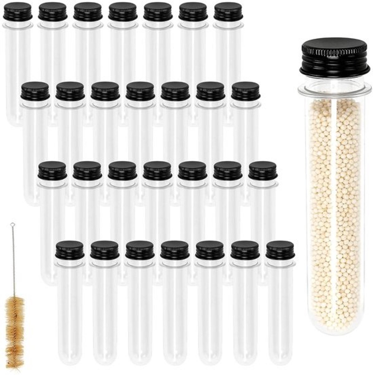 Set van 30 transparante plastic proefbuizen 45 ml - zwarte schroefdop voor bloemen, zaden en knutselmateriaal
