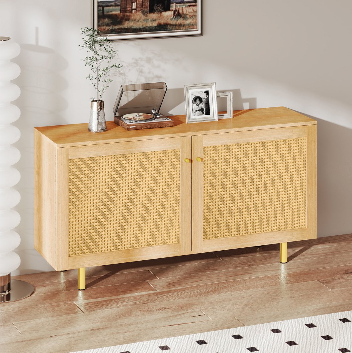WUVRIE Dressoir 120 x 40 x 63 cm - Dubbele rotan deuren en legplank - Naturel