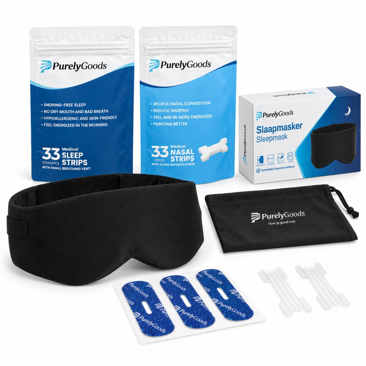 PurelyGoods® Slaappakket - Slaapmasker - 33 Mondtape - 33 Neusstrips