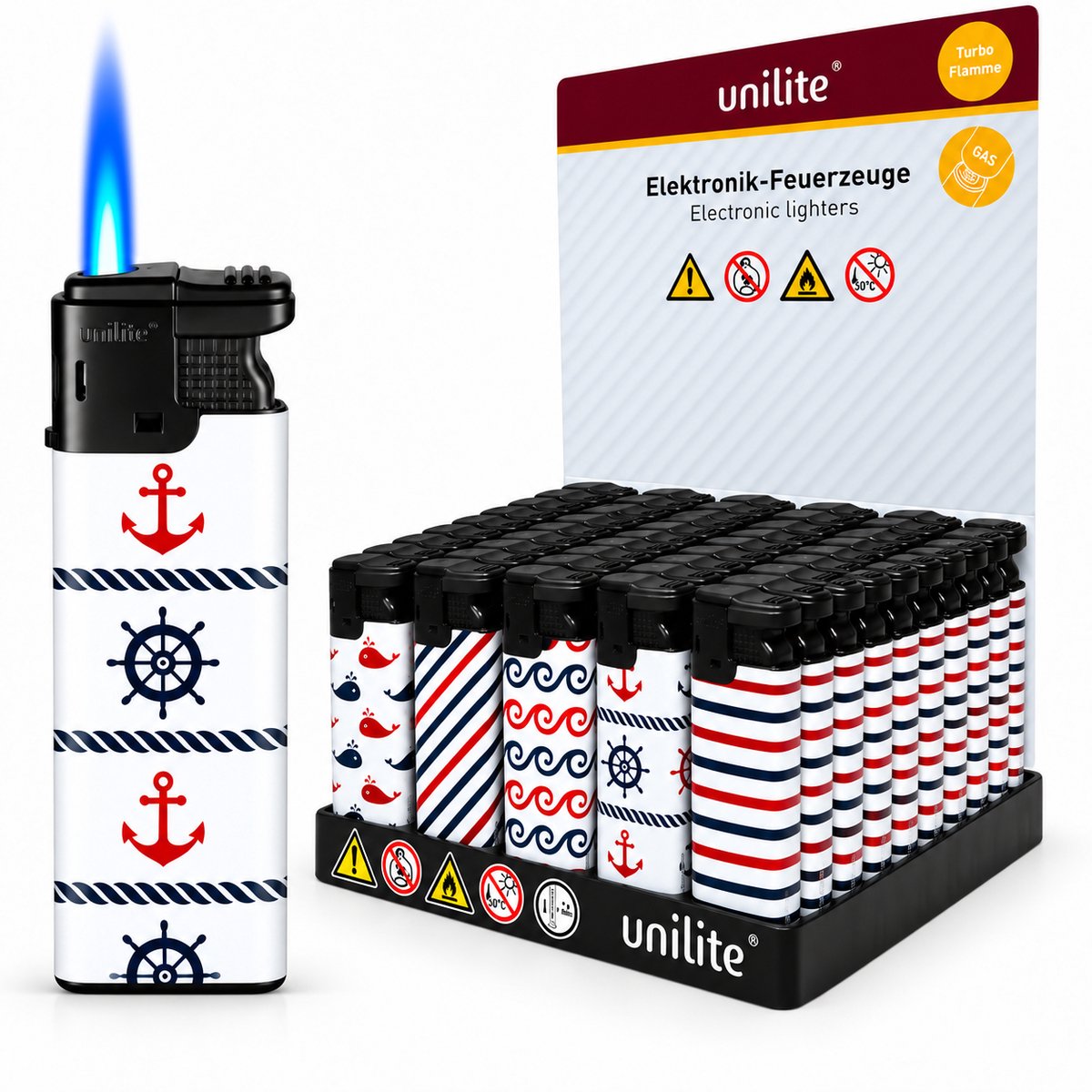 Unilite® Aanstekers met Turbo Vlam – 50 Stuks - Scheepsroeren, touwen, golven en nautische patronen.